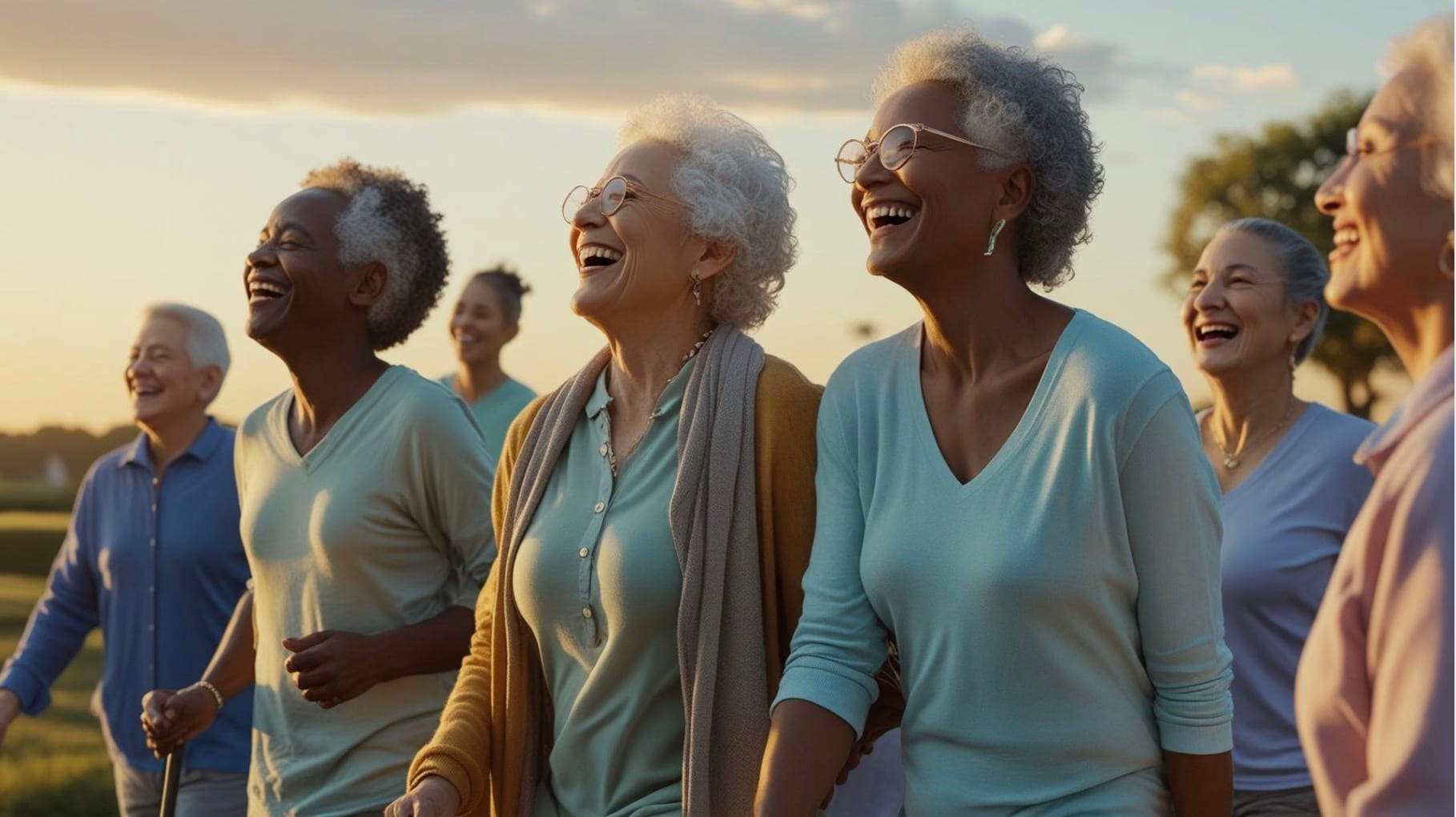 Diverse group of seniors laughing together at sunset
